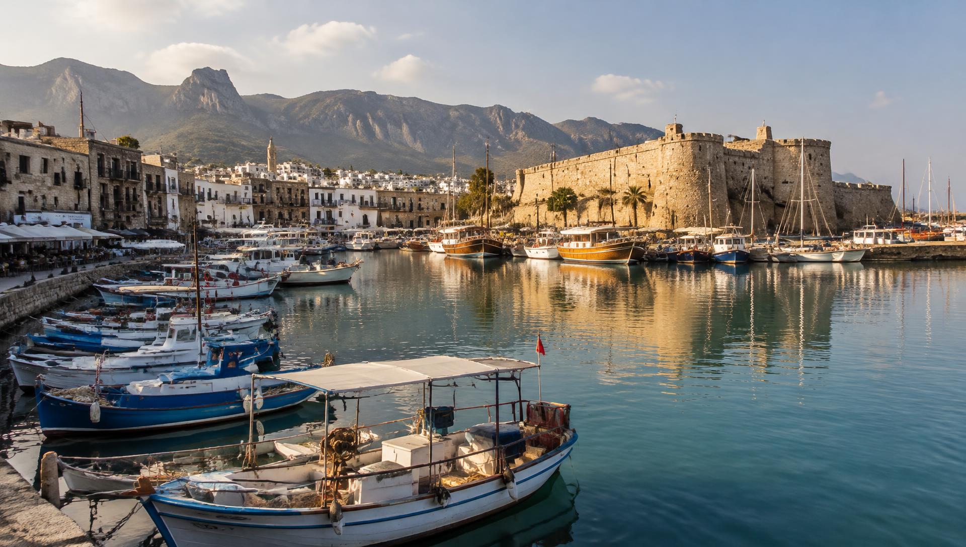 Hafen von Kyrenia (Girne) mit Booten, Burg und Bergen